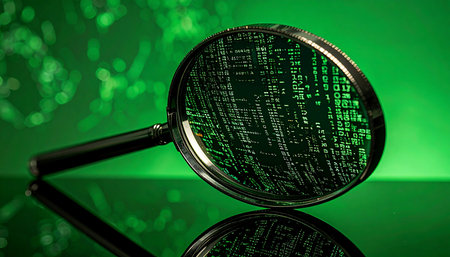 A magnifying glass focuses on intricate lines of code against a green background, symbolizing a deep dive into digital forensics. This image represents threat hunting, vulnerability assessment, and data analysis in the world of technological innovation.の素材