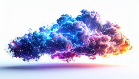 A vibrant cloud of colorful energy and glowing particles materializes against a clean white background. This abstract formation represents the birth of a new idea, the power of cloud computing, or a burst of creative inspiration, perfect for concepts of technology, innovation, and imagination.の素材