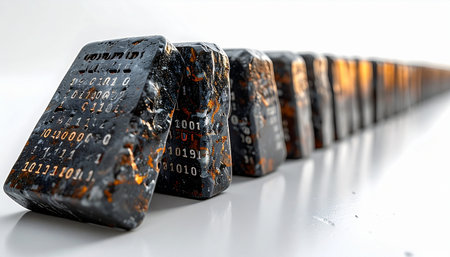 A line of charred, domino-like blocks, etched with the remnants of digital circuits, stands ready to fall. This conceptual image represents the fragility of technology, the unstoppable chain reaction of digital obsolescence, and the potential consequences of a system-wide collapse.の素材