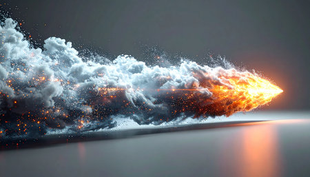 A superheated projectile tears through the air, its immense speed and power visualized by a massive, billowing trail of smoke and vapor. This dynamic image captures a moment of intense energy, symbolizing breakthrough, rapid innovation, and unstoppable momentum.の素材