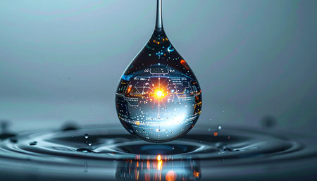 A single, perfect droplet of water suspends time, holding within it the reflection of a glowing, futuristic city. This macro image symbolizes the fusion of natures purity with technological innovation, representing a microcosm of data, progress, and a vision for a smart, sustainable future.の素材