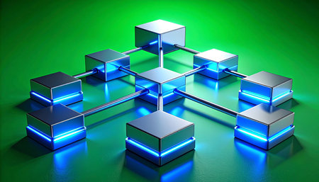 A network of interconnected, glowing nodes represents a secure and decentralized system. Information flows seamlessly between blocks, illustrating the power of modern blockchain technology and collaborative data sharing for a futuristic digital economy.の素材