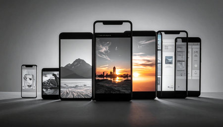 A sleek lineup of modern smartphones stands at attention, each screen a unique portal to a different digital world. From monochrome mountain vistas to vibrant sunset cityscapes, the collection showcases the diversity of content and user experiences in our connected, mobile-first era, representing choice and innovation.の素材