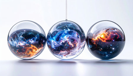 Three transparent spheres on a reflective surface each contain a unique, swirling galaxy. This conceptual image evokes themes of the multiverse, creation, and the infinite possibilities of space, blending scientific wonder with a touch of magic and mystery.の素材