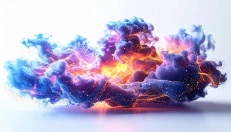 A spectacular explosion of vibrant, glowing smoke billows across a clean white background. Swirls of electric blue, deep purple, and fiery orange intermingle, creating a dynamic and energetic visual that represents creation, innovation, and the raw power of a new idea coming to life.の素材