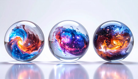 Three crystal clear spheres rest on a reflective surface, each containing a unique and vibrant miniature galaxy. These tiny universes swirl with cosmic dust and nebulae, evoking a sense of wonder, infinite possibility, and the beautiful mystery of creation.の素材