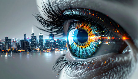 A close-up of a vibrant, multicolored eye reflects a sprawling city skyline at night. This isnt just sight its a vision of the future, where technology, data, and human ambition merge into a single, powerful perspective on urban progress and innovation.の素材