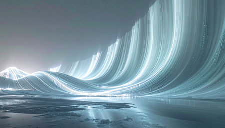 Vast, luminous waves of energy flow across a frozen, otherworldly planet, casting an ethereal glow on the icy terrain below. This surreal landscape evokes a sense of futuristic wonder and cosmic mystery, perfect for concepts of technology, exploration, and the unknown.の素材