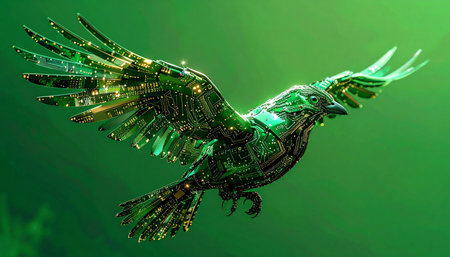 A digital raven, crafted from glowing green circuit boards and intricate wiring, soars through a virtual sky. This powerful symbol represents the convergence of nature and artificial intelligence, embodying concepts of technological freedom, data flight, and the future of bio-robotics.の素材