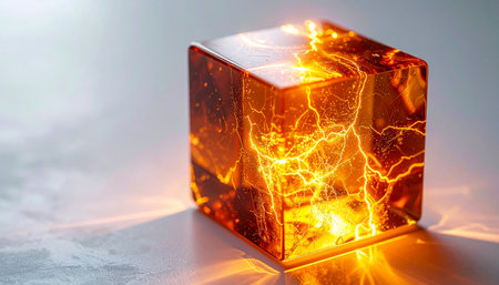Within a pristine glass cube, a volatile core of pure energy crackles and glows. This abstract image represents a breakthrough idea, a powerful new technology, or a mysterious artifact of immense power waiting to be unleashed.の素材