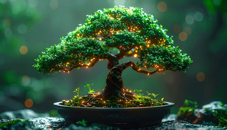 In a hidden, misty forest, a miniature bonsai tree comes to life, its leaves adorned with tiny, glowing lights that twinkle like captured stars. This enchanting scene evokes a sense of peace, wonder, and the quiet magic hidden within nature, perfect for concepts of growth, serenity, and inspiration.の素材