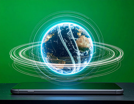 A smartphone lays the foundation for the future, projecting a luminous hologram of Earth wrapped in rings of data. This visual represents the power of modern mobile technology to create instant global networks, connecting people, ideas, and commerce across the planet in a seamless digital ecosystem.の素材