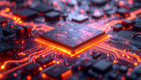 A powerful central processor, the heart of an advanced AI, glows with intense energy as it processes vast amounts of data. The intricate pathways of the circuit board light up like a futuristic citys neural network, symbolizing the dawn of a new technological era.の素材