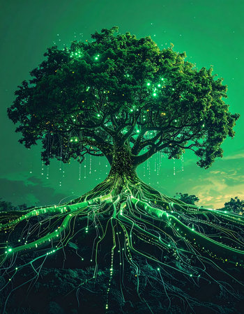 In a digital forest, a majestic tree glows with the light of a million data points. Its roots, like intricate circuits, delve deep into the earth, symbolizing the powerful connection between natures ancient wisdom and futuristic technology. This is a visual metaphor for growth, sustainable innovation, and the interconnected global network.の素材