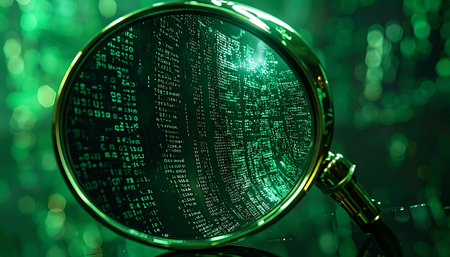 A magnifying glass hovers over a screen of glowing green code, symbolizing the meticulous process of data analysis, cybersecurity, and digital forensics. This image represents the search for bugs, vulnerabilities, or hidden information within complex software systems, conveying a theme of investigation and technological scrutiny.の素材