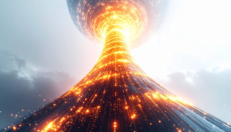 A colossal futuristic tower channels a brilliant beam of pure energy into a celestial sphere, bridging worlds or powering an entire civilization. This epic visual represents concepts of massive data transmission, advanced power generation, and a gateway to the unknown.の素材