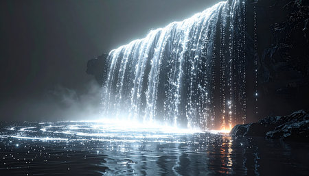 In the heart of a hidden, subterranean grotto, a magical waterfall cascades with an ethereal glow. Its luminous waters pool below, reflecting the mysterious light and creating a scene of serene power and ancient enchantment.の素材
