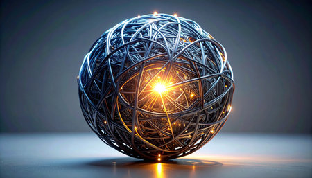A brilliant core of pure energy pulses at the heart of a complex, interwoven metallic sphere. This intricate structure represents a powerful central processing unit, a complex data network, or a groundbreaking source of futuristic power, symbolizing innovation, complexity, and the dawn of a new technological era.の素材