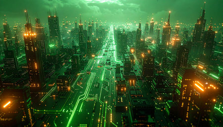 An aerial view over a sprawling metropolis of the future, where rivers of green data and light flow through the urban canyons. This is a vision of a smart city, a nexus of technology and artificial intelligence, glowing with relentless energy under a hazy night sky.の素材