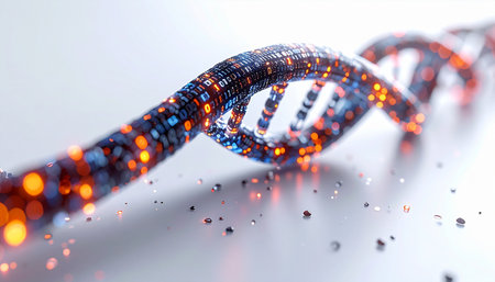 A stunning 3D visualization of a DNA double helix, glowing with points of orange light that represent genetic data. This abstract image symbolizes the forefront of biotechnology, genetic engineering, and the future of medical research and personalized medicine.の素材