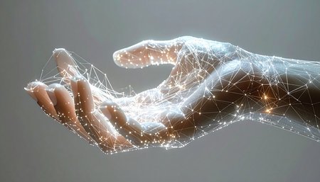 A human hand materializes from a complex web of glowing nodes and light, symbolizing the deep integration of humanity and technology. This image represents concepts of digital transformation, artificial intelligence, and the future of global communication, where data and connection are as tangible as touch.の素材