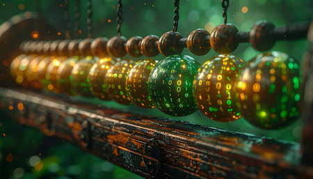 In a world where ancient wisdom meets quantum computing, an ornate abacus calculates the flow of digital information. Each glowing orb holds complex algorithms and financial data, representing a beautiful fusion of historical accounting and future technology.の素材