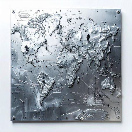 A detailed world map crafted from brushed metal, featuring embossed continents in 3D relief. Intricate circuit board patterns crisscross the surface, symbolizing the fusion of global geography with modern technology, data networks, and digital communication.の素材
