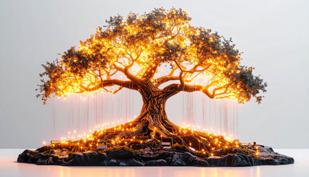 A magnificent miniature tree sculpture glows with a warm, golden light from within. Strands of light cascade from its branches like weeping willow leaves, pooling around its intricate roots. This enchanting piece of art evokes a sense of magic, wonder, and the serene energy of a fantasy forest, perfect for concepts of growth, life, and inspiration.の素材