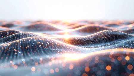 A serene digital landscape unfolds as waves of glowing particles ripple across a futuristic surface. A warm light, reminiscent of a sunrise, breaks over the horizon, illuminating the flow of data and energy. This image evokes a sense of technological innovation, calm progress, and the interconnectedness of the digital world.の素材