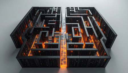 A high-angle view of a complex, futuristic labyrinth where a brightly illuminated central path cuts through the intricate, dark corridors. This image represents the journey of finding a clear solution amidst overwhelming complexity, symbolizing strategy, innovation, and the path to success in business or technology.の素材