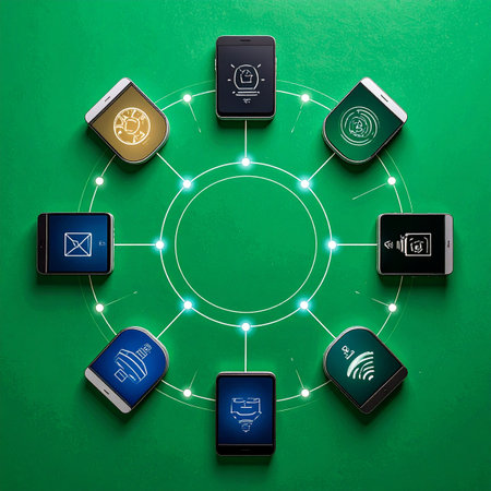A central hub of glowing energy connects a circular network of smartphones, each displaying a unique application icon. This visual represents a seamless digital ecosystem where various services are integrated into a single, powerful platform, symbolizing the future of interconnected technology.の素材