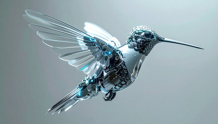 A stunning depiction of nature and technology merging. This precision-engineered robotic hummingbird, with its crystalline wings and intricate mechanical parts, hovers gracefully, symbolizing the future of innovation, bio-engineering, and artificial intelligence. It represents a delicate balance between the natural world and advanced technological progress.の素材
