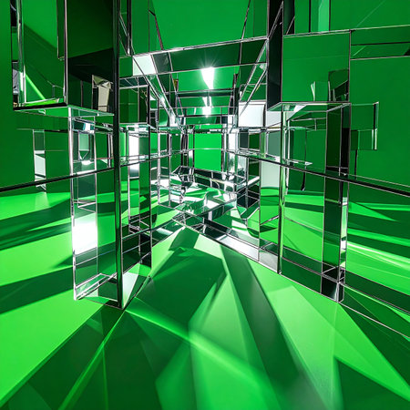Step into a futuristic labyrinth of green light and endless reflections. This abstract digital corridor represents the complex pathways of technology, data, and innovation, offering a visual metaphor for navigating challenges and finding solutions in a modern world.の素材