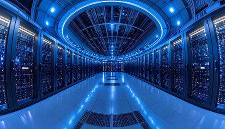 Step into the heart of the digital age. A vast, futuristic data center hallway stretches into infinity, lined with powerful server racks bathed in a cool, blue neon glow. This is the central nervous system of modern technology, where data flows and innovation is born.の素材