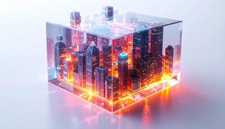 A miniature metropolis thrives within a contained, glowing cube, representing a digital twin or a smart city simulation. Luminous energy grids and data streams flow through the streets, symbolizing the power of technology, connectivity, and advanced urban planning in a futuristic world.の素材
