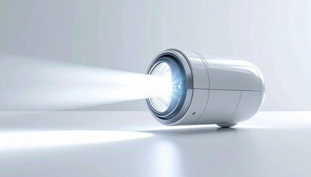 A sleek, futuristic projector cuts through a minimalist space, casting a powerful, focused beam of light. This image symbolizes the clear transmission of ideas, data, and vision, perfect for concepts of innovation, presentation, and technological advancement.の素材