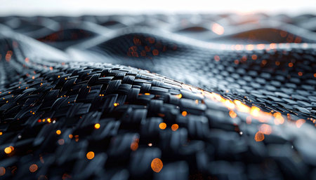 A microscopic, close-up view of an advanced, woven nanomaterial where waves of carbon fiber ripple across a futuristic landscape. Glowing particles of energy flow across the surface, symbolizing innovation, data transmission, and the breakthrough technologies of tomorrow.の素材