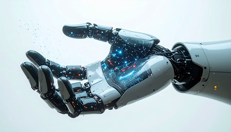 In a glimpse of the near future, an advanced robotic hand extends an open palm, its internal blue lights glowing with intelligence. This gesture symbolizes a new era of collaboration between humanity and artificial intelligence, offering help, connection, and limitless potential.の素材