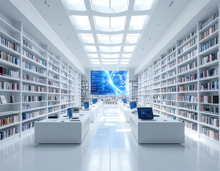 A view down a long, sterile white corridor in a futuristic library or data center. Towering bookshelves filled with information line the walls, leading to a large, glowing blue screen that represents the nexus of a vast digital network and the future of knowledge.の素材