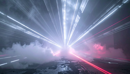 An abstract representation of data transfer or a portal to another dimension. Luminous laser lines radiate outwards, piercing the atmospheric smoke and reflecting off a dark, wet surface, symbolizing breakthrough, innovation, and the speed of technology.の素材