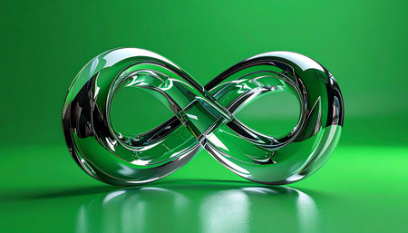 A pristine glass infinity symbol rests on a reflective surface, bathed in a vibrant green light. This elegant and modern visual represents concepts of endless possibilities, sustainability, and the continuous cycle of innovation and growth for the future.の素材