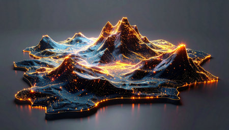 A luminous 3D topographical map visualizes complex information, with glowing energy flowing through digital mountains and valleys. This abstract representation captures the essence of big data, network connectivity, and technological innovation, symbolizing the flow of information in a futuristic digital world.の素材