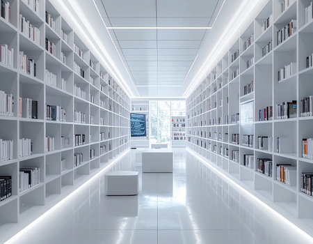 Step into the future of knowledge in this pristine, all-white library. Symmetrical bookshelves stretch into the distance, illuminated by clean, glowing lights, creating a serene and orderly space dedicated to learning, innovation, and the vast expanse of information.の素材