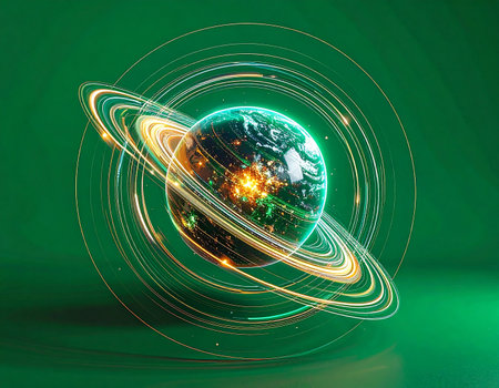 Luminous rings of data and energy orbit a stylized planet, symbolizing a new era of global connectivity and sustainable technological advancement. The vibrant green environment suggests a future where progress and ecology coexist.の素材