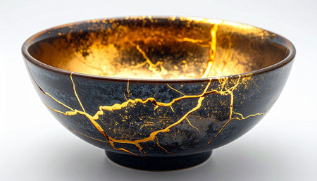 A beautifully restored ceramic bowl showcases the Japanese art of Kintsugi. Golden lacquer traces the lines of its past breaks, not to hide the damage, but to celebrate it as part of the objects unique history. This image embodies the wabi-sabi philosophy of finding beauty in imperfection and resilience in healing.の素材