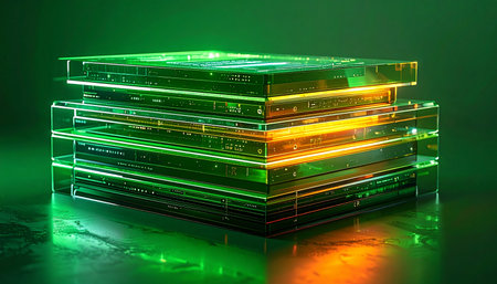 A stack of transparent data blocks hums with energy, its core glowing with fiery orange light while cool green data streams flow through the outer layers. This represents a powerful central processing unit, a secure financial ledger, or the core of a futuristic technological innovation.の素材