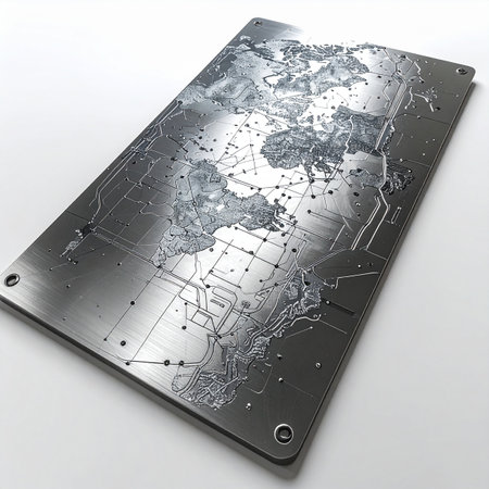 A sleek, metallic schematic of the world glows under cool light, its surface etched with interconnected data points. This futuristic map represents the complex web of global logistics, digital communication, and strategic intelligence, visualizing the flow of information across a connected planet.の素材