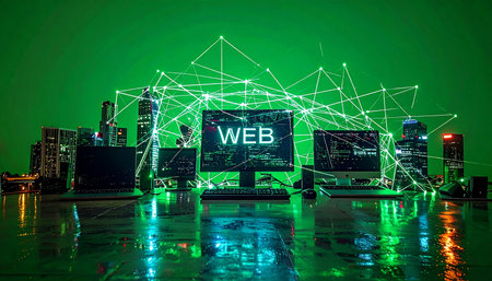 In a high-tech command center bathed in green light, multiple computer systems are interconnected by a glowing digital web. This represents a powerful, decentralized network, symbolizing concepts of global connectivity, big data processing, and the complex infrastructure of the modern internet.の素材