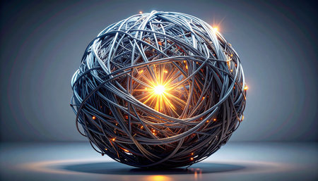 A complex sphere of interwoven metallic wires holds a powerful, glowing nucleus at its center. This abstract representation symbolizes the core of a new technology, the solution to a complex problem, or the birth of artificial intelligence, radiating with untapped potential and innovative energy.の素材