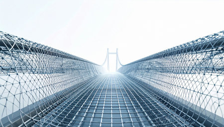 A view down a symmetrical, digital bridge constructed of a complex wireframe network. The path leads forward into a bright, glowing light, symbolizing a journey into the future, technological innovation, and the endless possibilities of progress and connection in the digital age.の素材